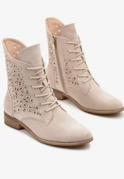 Beżowe Botki ze Skórzaną Wkładką i Ażurową Cholewką Reilene