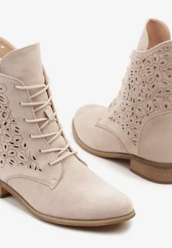 Beżowe Botki ze Skórzaną Wkładką i Ażurową Cholewką Reilene