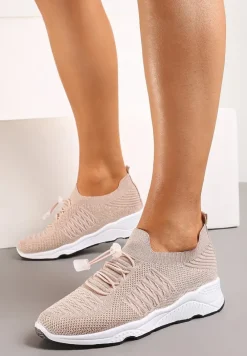 Beżowe Buty Sportowe Ściągane Gumką Ozdobione Metaliczną Nicią Rianelle