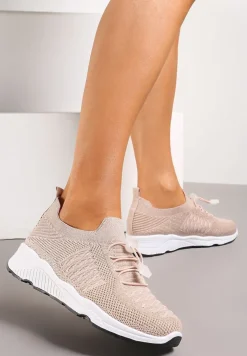 Beżowe Buty Sportowe Ściągane Gumką Ozdobione Metaliczną Nicią Rianelle