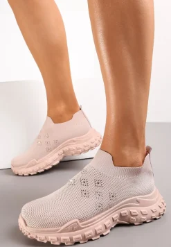 Beżowe Buty Sportowe na Grubej Podeszwie z Elastyczną Cholewką z Cyrkoniami Kolby