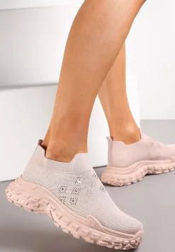 Beżowe Buty Sportowe na Grubej Podeszwie z Elastyczną Cholewką z Cyrkoniami Kolby