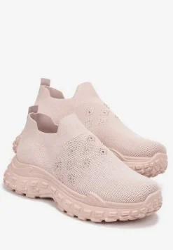 Beżowe Buty Sportowe na Grubej Podeszwie z Elastyczną Cholewką z Cyrkoniami Kolby