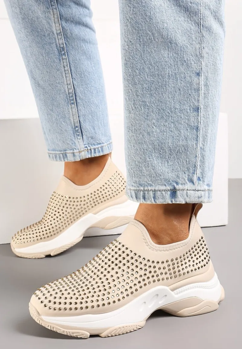 Beżowe Buty Sportowe na Grubej Podeszwie w Cyrkonie Elerene