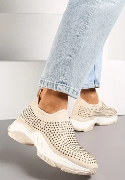 Beżowe Buty Sportowe na Grubej Podeszwie w Cyrkonie Elerene