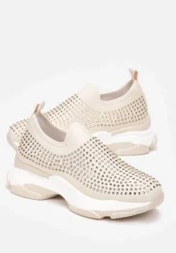 Beżowe Buty Sportowe na Grubej Podeszwie w Cyrkonie Elerene
