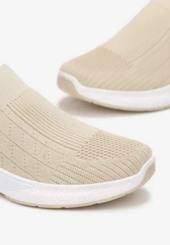 Beżowe Buty Sportowe na Tłoczonej Podeszwie z Elastyczną Cholewką Taiden