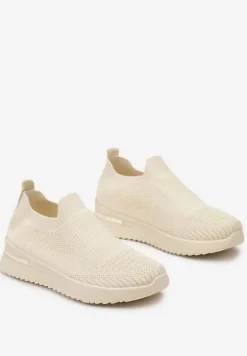 Beżowe Buty Sportowe z Wsuwaną Skarpetkową Cholewką do Kostki Elairi