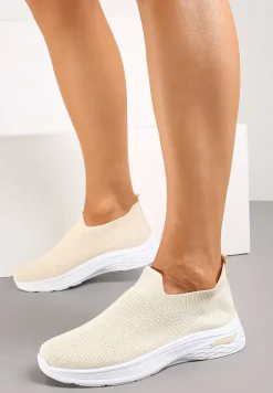 Beżowe Buty Sportowe ze Skarpetkową Cholewką do Kostki Railette