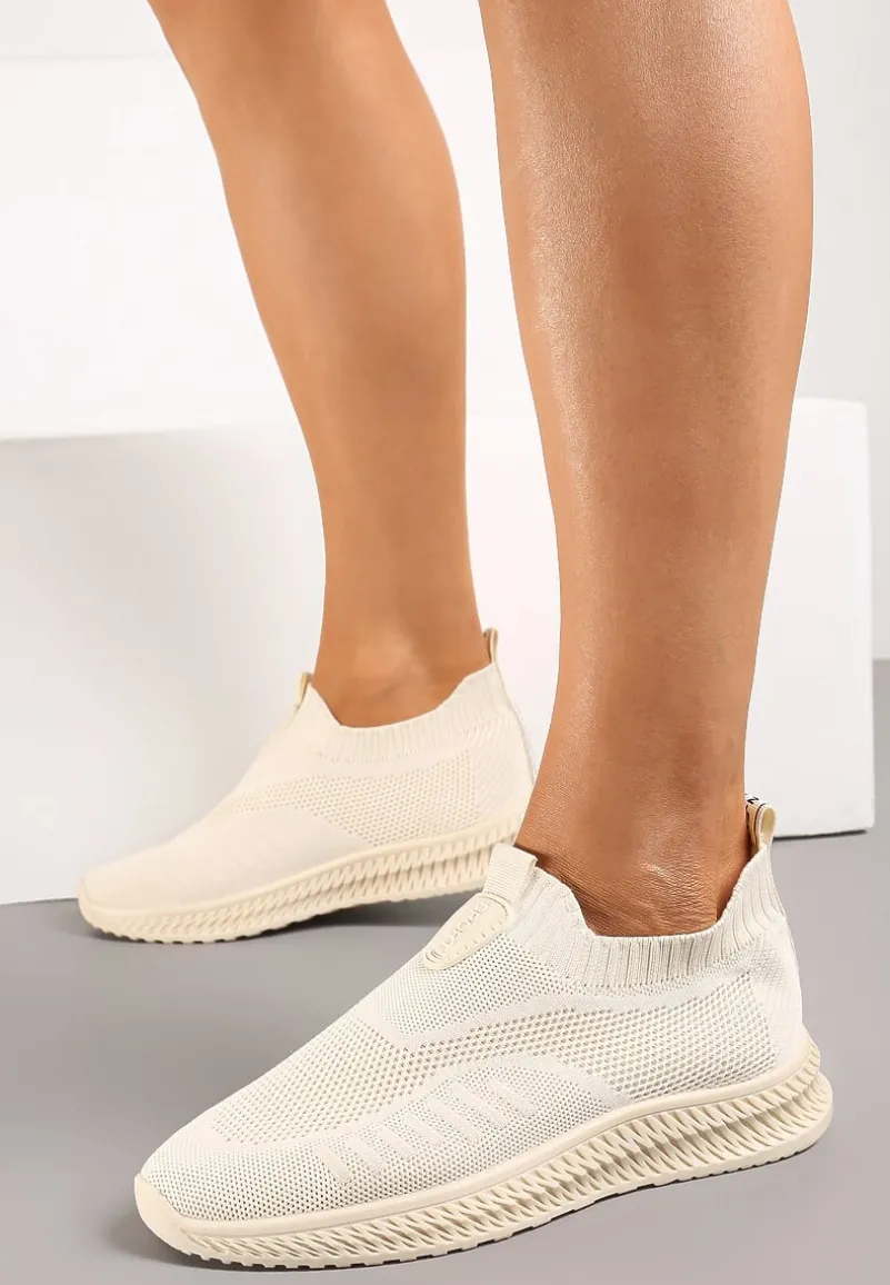 Beżowe Buty Sportowe ze Skarpetkową Cholewką Pinke