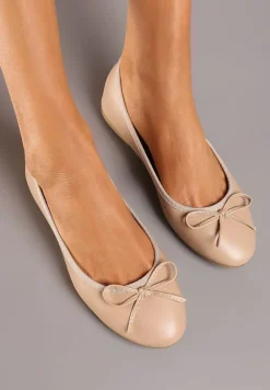 Beżowe Casualowe Balerinki na Płaskiej Podeszwie Wykończone Kokardką Rivashani