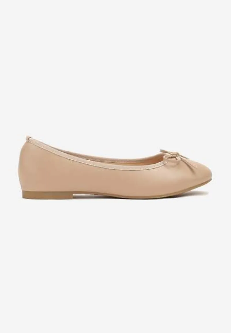 Beżowe Casualowe Balerinki na Płaskiej Podeszwie Wykończone Kokardką Rivashani