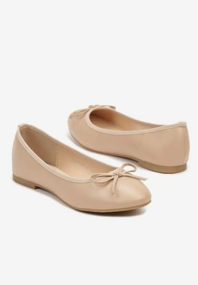 Beżowe Casualowe Balerinki na Płaskiej Podeszwie Wykończone Kokardką Rivashani