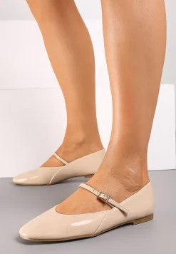 Beżowe Casualowe Balerinki Mary Jane z Ozdobnym Paseczkiem ze Sprzączką Nailira