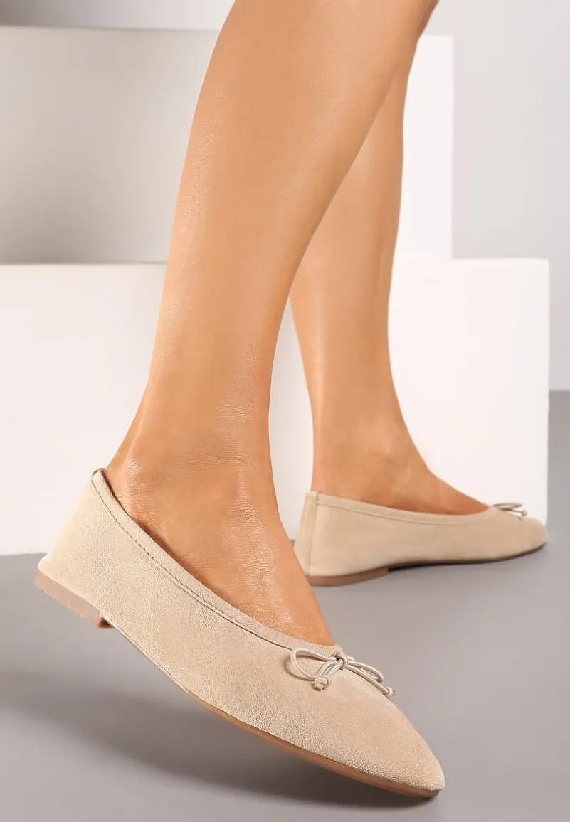 Beżowe Casualowe Balerinki na Płaskiej Podeszwie Ozdobione Kokardą Ozadia