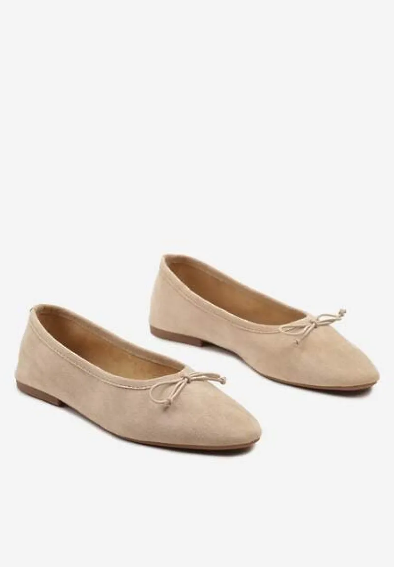 Beżowe Casualowe Balerinki na Płaskiej Podeszwie Ozdobione Kokardą Ozadia