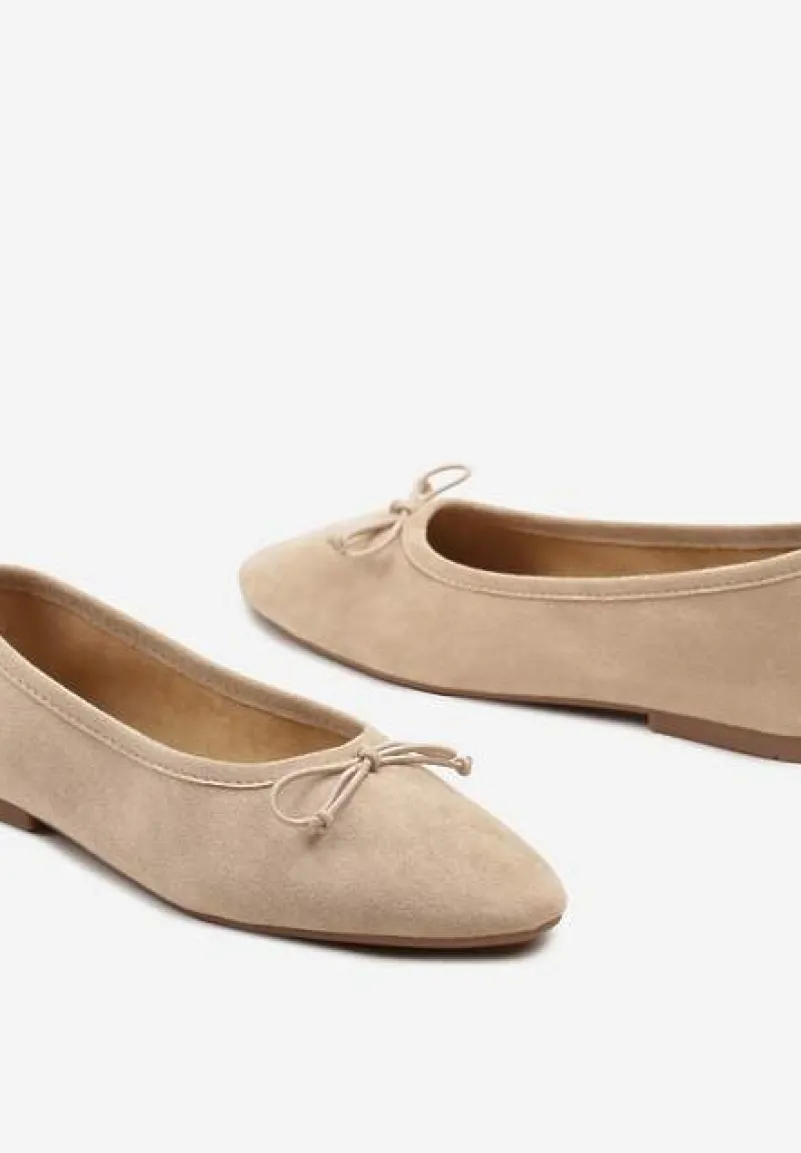 Beżowe Casualowe Balerinki na Płaskiej Podeszwie Ozdobione Kokardą Ozadia