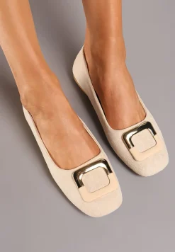 Beżowe Casualowe Balerinki na Płaskiej Podeszwie z Metaliczną Aplikacją Chrissti