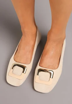 Beżowe Casualowe Balerinki na Płaskiej Podeszwie z Metaliczną Aplikacją Chrissti