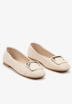Beżowe Casualowe Balerinki na Płaskiej Podeszwie z Metaliczną Aplikacją Chrissti