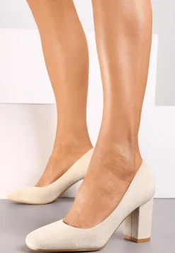 Beżowe Casualowe Czółenka na Słupku ze Skórzaną Wkładką Maicie