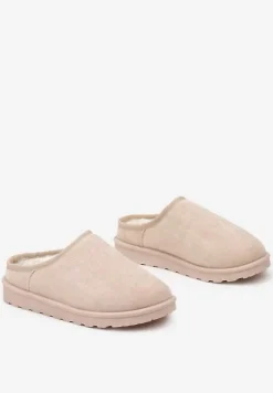 Beżowe Casualowe Kapcie na Płaskiej Podeszwie z Futerkiem Peccaria