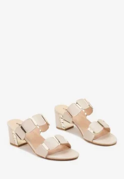 Beżowe Casualowe Klapki na Słupku Wykończone Metalicznymi Akcentami Tesine