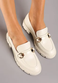 Beżowe Casualowe Mokasyny na Płaskiej Podeszwie ze Sprzączkami Herdefia