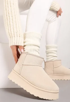Beżowe Casualowe Śniegowce na Grubej Podeszwie o Krótkim Fasonie Lobaria