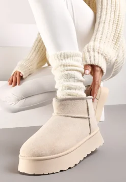 Beżowe Casualowe Śniegowce na Grubej Podeszwie o Krótkim Fasonie Lobaria