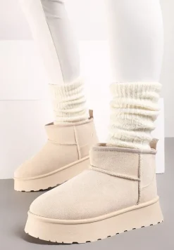 Beżowe Casualowe Śniegowce na Grubej Podeszwie o Krótkim Fasonie Lobaria