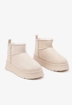 Beżowe Casualowe Śniegowce na Grubej Podeszwie o Krótkim Fasonie Lobaria
