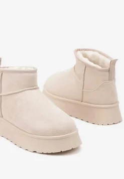 Beżowe Casualowe Śniegowce na Grubej Podeszwie o Krótkim Fasonie Lobaria