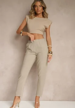 Beżowe Casualowe Spodnie z Lnem z Gumką w Pasie Filanisse