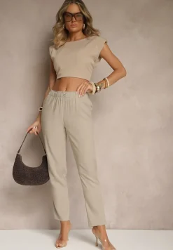 Beżowe Casualowe Spodnie z Lnem z Gumką w Pasie Filanisse