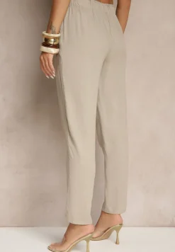 Beżowe Casualowe Spodnie z Lnem z Gumką w Pasie Filanisse