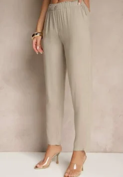 Beżowe Casualowe Spodnie z Lnem z Gumką w Pasie Filanisse