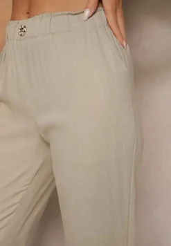 Beżowe Casualowe Spodnie z Lnem z Gumką w Pasie Filanisse