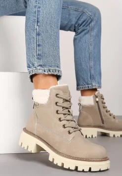 Beżowe Casualowe Traperki na Grubej Podeszwie z Futerkowymi Wstawkami Daisira