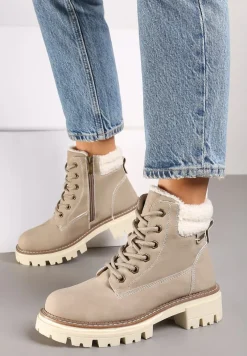 Beżowe Casualowe Traperki na Grubej Podeszwie z Futerkowymi Wstawkami Daisira