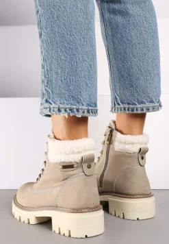 Beżowe Casualowe Traperki na Grubej Podeszwie z Futerkowymi Wstawkami Daisira