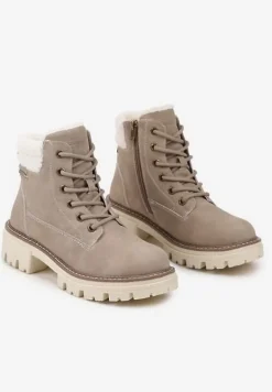 Beżowe Casualowe Traperki na Grubej Podeszwie z Futerkowymi Wstawkami Daisira