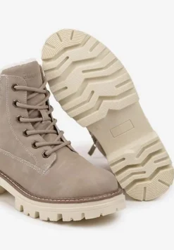 Beżowe Casualowe Traperki na Grubej Podeszwie z Futerkowymi Wstawkami Daisira