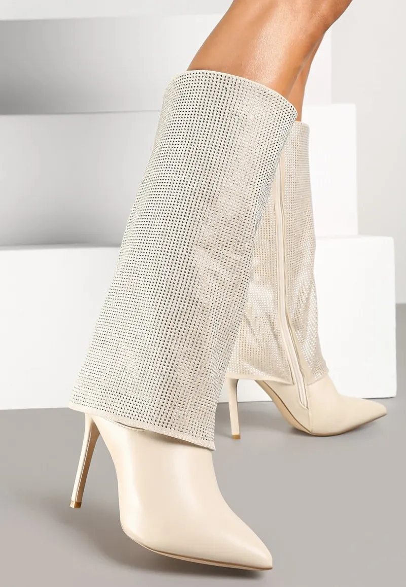 Beżowe Cyrkoniowe Kozaki na Obcasie Typu Szpilka z Cholewką Imitującą Nogawkę Valentila