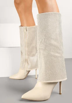 Beżowe Cyrkoniowe Kozaki na Obcasie Typu Szpilka z Cholewką Imitującą Nogawkę Valentila