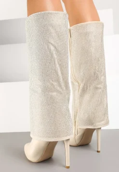 Beżowe Cyrkoniowe Kozaki na Obcasie Typu Szpilka z Cholewką Imitującą Nogawkę Valentila