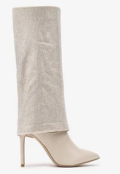 Beżowe Cyrkoniowe Kozaki na Obcasie Typu Szpilka z Cholewką Imitującą Nogawkę Valentila