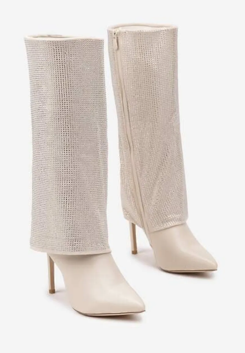 Beżowe Cyrkoniowe Kozaki na Obcasie Typu Szpilka z Cholewką Imitującą Nogawkę Valentila