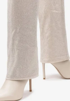 Beżowe Cyrkoniowe Kozaki na Obcasie Typu Szpilka z Cholewką Imitującą Nogawkę Valentila