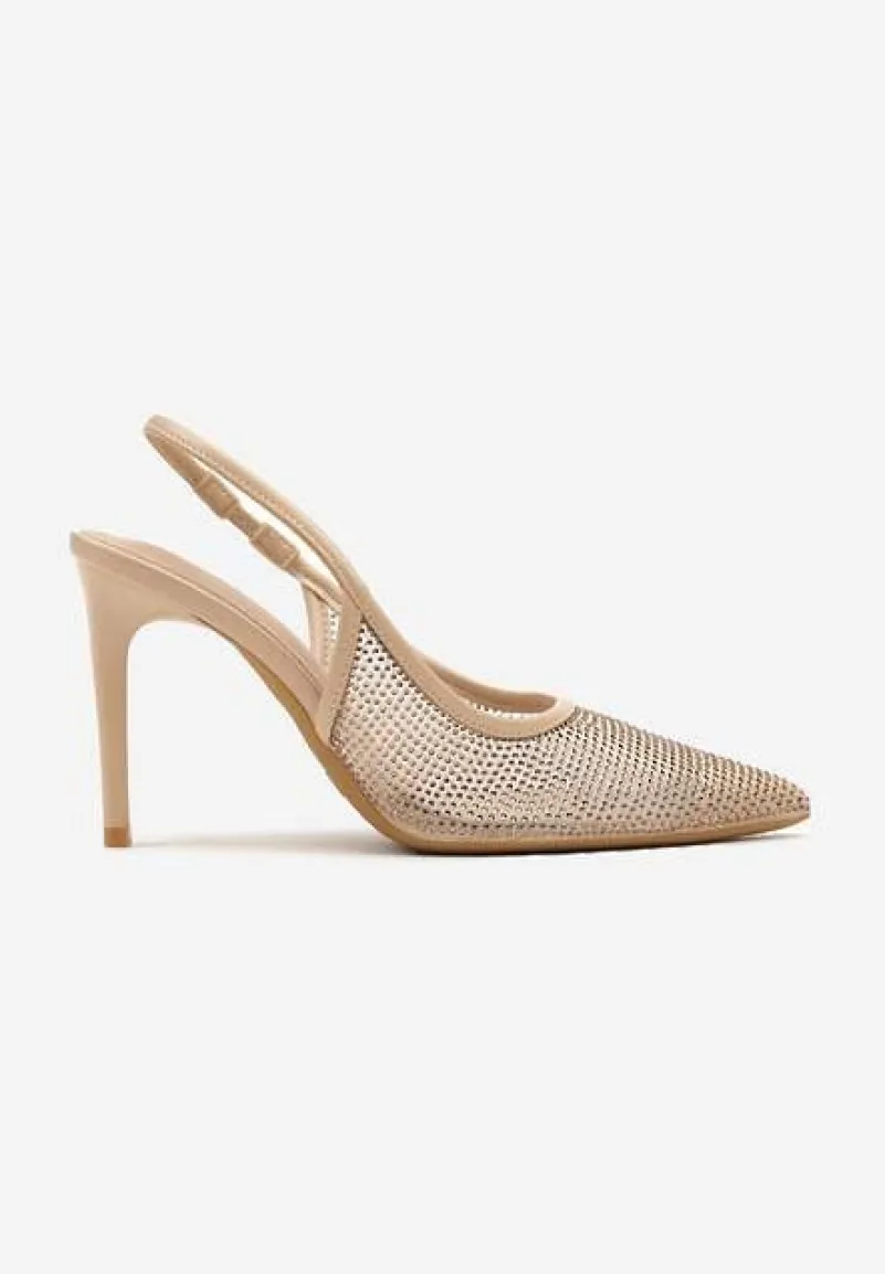 Beżowe Cyrkoniowe Szpilki ze Szpiczastym Noskiem i Odsłoniętą Piętą Sanaraia